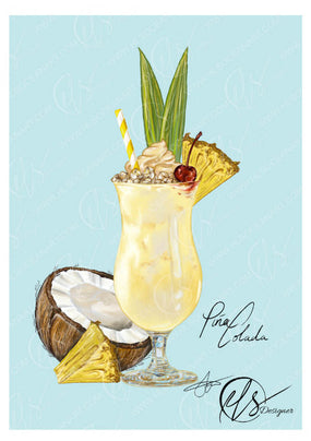 A tropical-themed cocktail illustration featuring a yellow pineapple PINA COLADA in a tall glass, topped with whipped shaken foam, a cherry, a pineapple wedge, and a striped straw, alongside a halved coconut and pineapple slice on a light blue background with the text 'Pina Colada' and HLSdesigner signatures. This fine art print also comes in a series with other cocktails to choose from. Inspired by foodie fine art and seafood, beachy cocktails in Cornwall. 