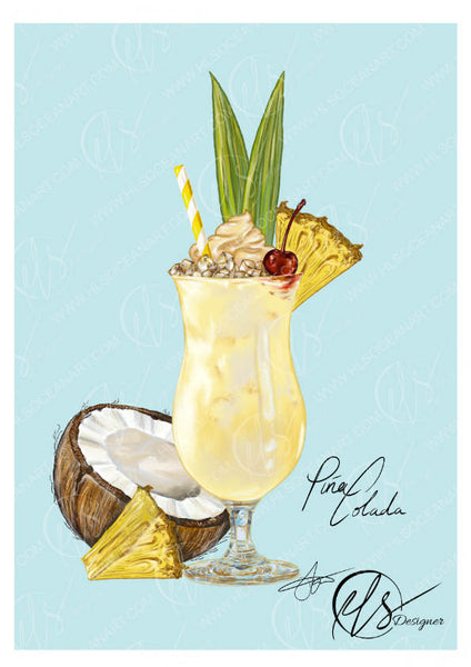 A tropical-themed cocktail illustration featuring a yellow pineapple PINA COLADA in a tall glass, topped with whipped shaken foam, a cherry, a pineapple wedge, and a striped straw, alongside a halved coconut and pineapple slice on a light blue background with the text 'Pina Colada' and HLSdesigner signatures. This fine art print also comes in a series with other cocktails to choose from. Inspired by foodie fine art and seafood, beachy cocktails in Cornwall. 
