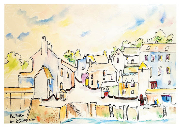 Polperro in Colour captures the picturesque charm of Cornwall's most enchanting coastal village through vibrant watercolour washes and contemporary sketch artistry. This modern interpretation by R Singleton celebrates Polperro's distinctive architecture and natural beauty with fluid, expressive brushwork that brings the scene to life. Perfect for those seeking to celebrate this beloved Cornish destination, this piece merges traditional watercolour techniques with a fresh, contemporary aesthetic.