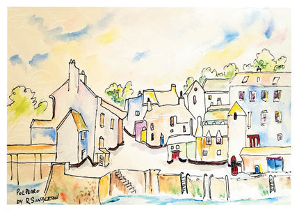 Polperro in Colour captures the picturesque charm of Cornwall's most enchanting coastal village through vibrant watercolour washes and contemporary sketch artistry. This modern interpretation by R Singleton celebrates Polperro's distinctive architecture and natural beauty with fluid, expressive brushwork that brings the scene to life. Perfect for those seeking to celebrate this beloved Cornish destination, this piece merges traditional watercolour techniques with a fresh, contemporary aesthetic.