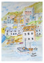 Colourful watercolour painting of a coastal village with houses and boats. Depicting the historic fishing village of Polperro on Cornwall's south coast. Famous for its charming nature and buildings of character, the narrow streets and traditional fishing values and historic form. The views are full of unspoilt historic form and this is beautifully represented throughout this watercolour and mixed media painting study by R Singleton. Complementing vibrant and pastel colour washes over each building 