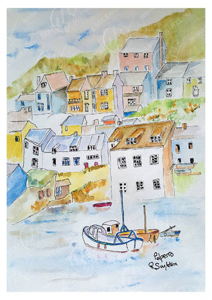 Colourful watercolour painting of a coastal village with houses and boats. Depicting the historic fishing village of Polperro on Cornwall's south coast. Famous for its charming nature and buildings of character, the narrow streets and traditional fishing values and historic form. The views are full of unspoilt historic form and this is beautifully represented throughout this watercolour and mixed media painting study by R Singleton. Complementing vibrant and pastel colour washes over each building 