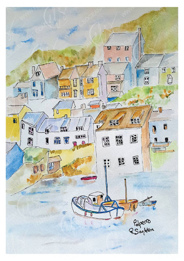 Colourful watercolour painting of a coastal village with houses and boats. Depicting the historic fishing village of Polperro on Cornwall's south coast. Famous for its charming nature and buildings of character, the narrow streets and traditional fishing values and historic form. The views are full of unspoilt historic form and this is beautifully represented throughout this watercolour and mixed media painting study by R Singleton. Complementing vibrant and pastel colour washes over each building 