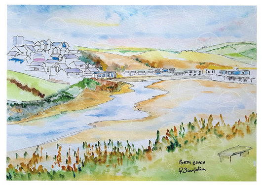 Colourful watercolour painting of a coastal scene with buildings and a river cascading through the centre of Porth beach in Newquay, from the underpass and towards the Mermaid inn pub to the right of the painting. Following on from this passes through the shops and campsite across the road beyond the beach steps. With this follows a village with a steep road leading the way to watergate Bay - this depiction is created using mixed media in a sketch like art style. Originally painted by Robert Singleton