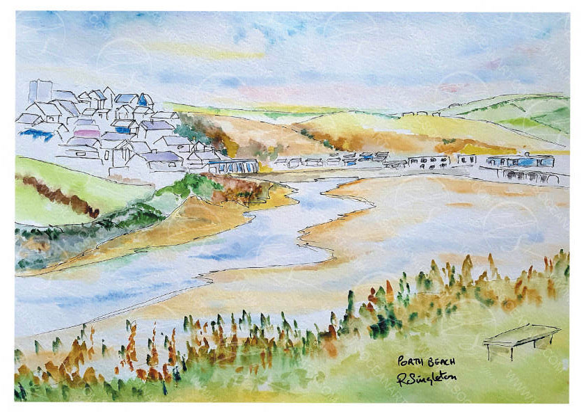 Colourful watercolour painting of a coastal scene with buildings and a river cascading through the centre of Porth beach in Newquay, from the underpass and towards the Mermaid inn pub to the right of the painting. Following on from this passes through the shops and campsite across the road beyond the beach steps. With this follows a village with a steep road leading the way to watergate Bay - this depiction is created using mixed media in a sketch like art style. Originally painted by Robert Singleton
