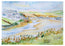 Colourful watercolour painting of a coastal scene with buildings and a river cascading through the centre of Porth beach in Newquay, from the underpass and towards the Mermaid inn pub to the right of the painting. Following on from this passes through the shops and campsite across the road beyond the beach steps. With this follows a village with a steep road leading the way to watergate Bay - this depiction is created using mixed media in a sketch like art style. Originally painted by Robert Singleton