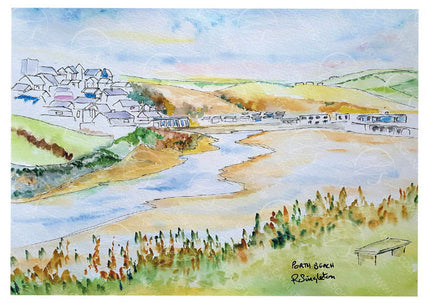 Colourful watercolour painting of a coastal scene with buildings and a river cascading through the centre of Porth beach in Newquay, from the underpass and towards the Mermaid inn pub to the right of the painting. Following on from this passes through the shops and campsite across the road beyond the beach steps. With this follows a village with a steep road leading the way to watergate Bay - this depiction is created using mixed media in a sketch like art style. Originally painted by Robert Singleton
