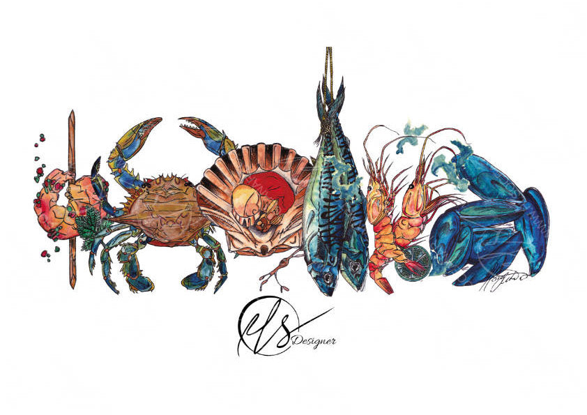 A beautiful illustrative representation using mixed media by Hannah Singleton at HLS designer. Featuring a seafood platter presented on a white background. This is a collective of the individual seafood prints on offer and features a prawn on a skewer with chillies, a blue sand crab, scallop in shell with seaweed, two freshly caught mackerel, two layered langoustines with lime and a handful of mussels, perfect for any bar or kitchen space. Available as fine art prints by HLSdesigner