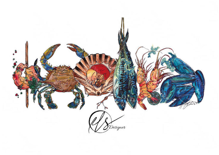 A beautiful illustrative representation using mixed media by Hannah Singleton at HLS designer. Featuring a seafood platter presented on a white background. This is a collective of the individual seafood prints on offer and features a prawn on a skewer with chillies, a blue sand crab, scallop in shell with seaweed, two freshly caught mackerel, two layered langoustines with lime and a handful of mussels, perfect for any bar or kitchen space. Available as fine art prints by HLSdesigner