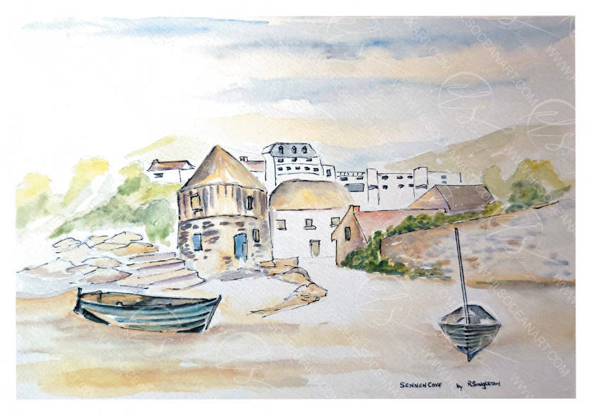 Watercolour painting of a coastal town with buildings depicted in a pastel wash of water with detailed rowing boats on the shoreline. Completed with fine line linear pen to sketch the bold formations of the painting scene. A painting by R Singleton and reproduced by HLSdesigner. Sennen Cove is a small coastal village in the parish of Sennen in Cornwall alongside the south west coast path. 