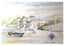 Watercolour painting of a coastal town with buildings depicted in a pastel wash of water with detailed rowing boats on the shoreline. Completed with fine line linear pen to sketch the bold formations of the painting scene. A painting by R Singleton and reproduced by HLSdesigner. Sennen Cove is a small coastal village in the parish of Sennen in Cornwall alongside the south west coast path. 