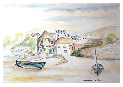 Watercolour painting of a coastal town with buildings depicted in a pastel wash of water with detailed rowing boats on the shoreline. Completed with fine line linear pen to sketch the bold formations of the painting scene. A painting by R Singleton and reproduced by HLSdesigner. Sennen Cove is a small coastal village in the parish of Sennen in Cornwall alongside the south west coast path. 