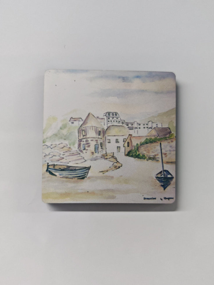 A square wooden magnet with a high gloss finish featuring a print of a painted watercolour scene of a Cornish coastal village with boats, displayed against a plain light grey background. This is Sennen Cove in Cornwall - painted in watercolour by R Singleton and reproduced exclusively by HLSdesigner