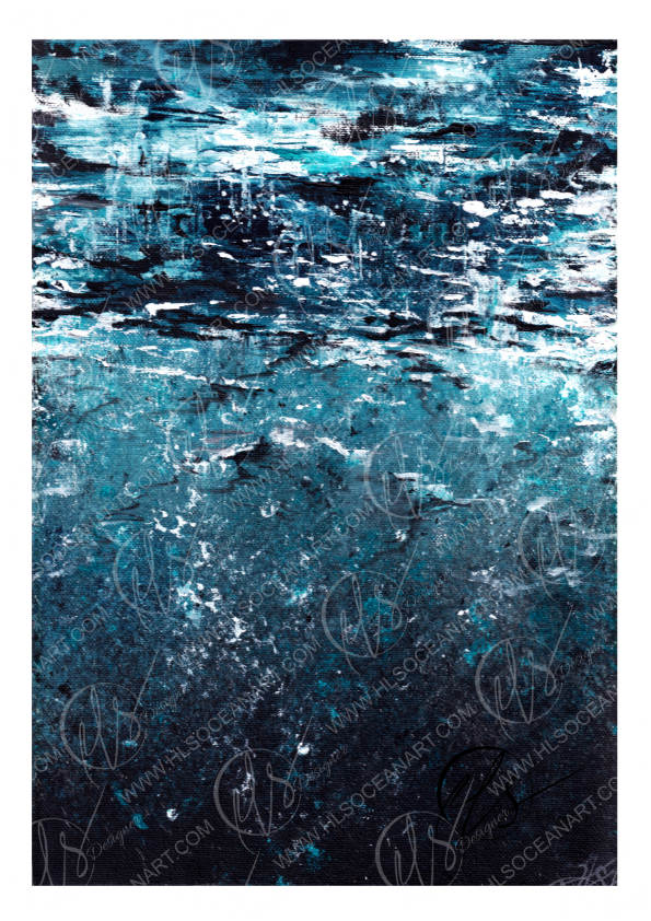 An abstract textured painting depicting ocean waves or water ripples in shades of deep blue, teal, and white, with a dark navy gradient at the bottom. The artwork is presented with a white border and watermarks. Underwater as the bubbles rise toward the surface and light reflects through the breaks in the ocean. Designed by Hannah Singleton at HLSdesigner , ocean and coast inspired artist in Cornwall.