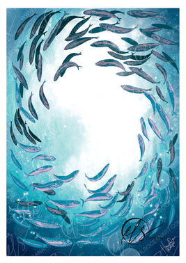 An art print depicting a school of fish swimming in a circular formation around a bright white center, set against a deep blue and teal underwater background. The print features an artist's signature and watermark at the bottom. Designed and created by HLSdesigner, Hannah Singleton fine artist and illustrator inspired by the ocean and coastal viewpoints in Cornwall