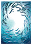 An art print depicting a school of fish swimming in a circular formation around a bright white center, set against a deep blue and teal underwater background. The print features an artist's signature and watermark at the bottom. Designed and created by HLSdesigner, Hannah Singleton fine artist and illustrator inspired by the ocean and coastal viewpoints in Cornwall