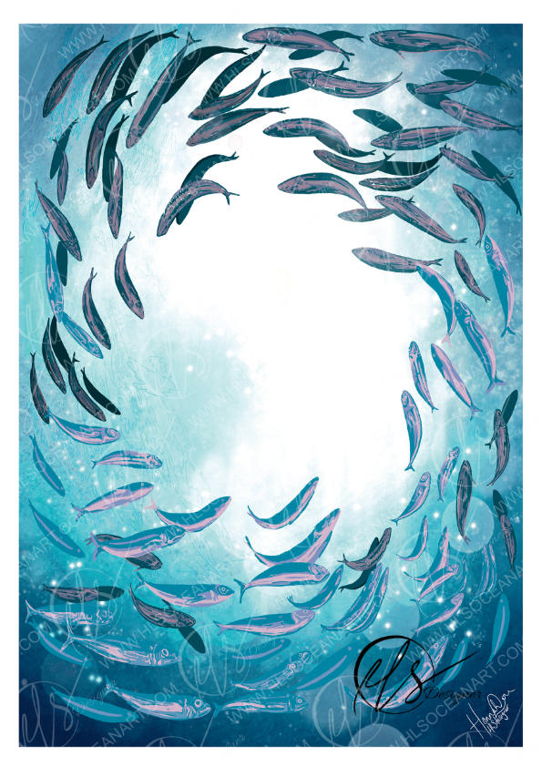 An art print depicting a school of fish swimming in a circular formation around a bright white center, set against a deep blue and teal underwater background. The print features an artist's signature and watermark at the bottom. Designed and created by HLSdesigner, Hannah Singleton fine artist and illustrator inspired by the ocean and coastal viewpoints in Cornwall