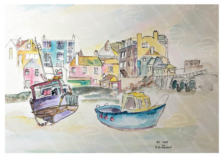 Colourful watercolour painting of a coastal scene with houses and boats. Fine art print taken from a beautiful watercolour painting of popular St. Ives in Cornwall. Depicting the beautiful hues of the Cornish coastline blending into the the historic fishing village behind.

This is a piece completed by the the late  R Singleton - a tribute to him is to keep his beloved works of art available as a collection of prints. where coastal lovers alike can celebrate his work from near and far.