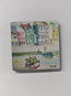 Wooden square fridge magnet with rounded corners and high gloss coating, featuring an artist depiction of St. Ives in Cornwall with watercolour fishing boats and illustrated linear housing in the background. showing the shopping strip with the boats moored to the beach wall. painted by R Singleton and reproduced into magnets exclusively by HLSdesigner 