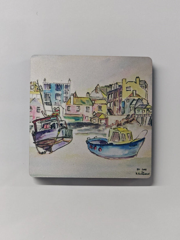 St. Ives boats watercolour painting by R Singleton reproduced onto a fridge magnet, square in shape with rounded corners and a high gloss finish. a beautiful watercolour representation using colour washes and negative space to create a modern and contemporary composition. reproduced exclusively by HLSdesigner in Cornwall