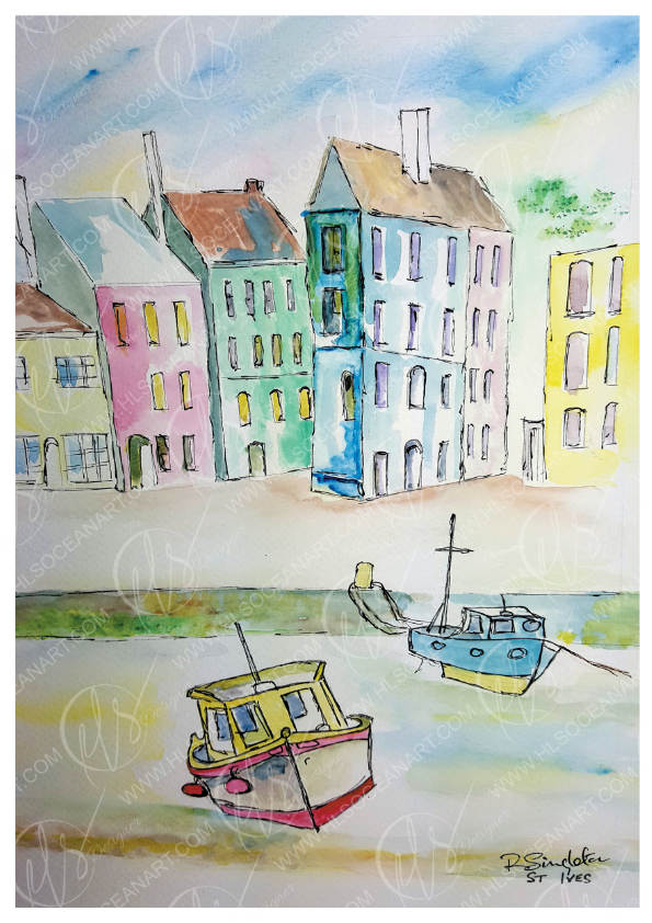 Watercolour painting by Robert Singleton - contemporary and minimalist artist from Cornwall - inspired by the towns and coasts around picturesque places. St.Ives - buildings lining the streets where traders gather on the walkway, the fishing boats moored along the wall leading to the beach. Finished in a wash of colour and linear styling. Reproduced exclusively by HLSdesigner 