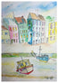 Watercolour painting by Robert Singleton - contemporary and minimalist artist from Cornwall - inspired by the towns and coasts around picturesque places. St.Ives - buildings lining the streets where traders gather on the walkway, the fishing boats moored along the wall leading to the beach. Finished in a wash of colour and linear styling. Reproduced exclusively by HLSdesigner 