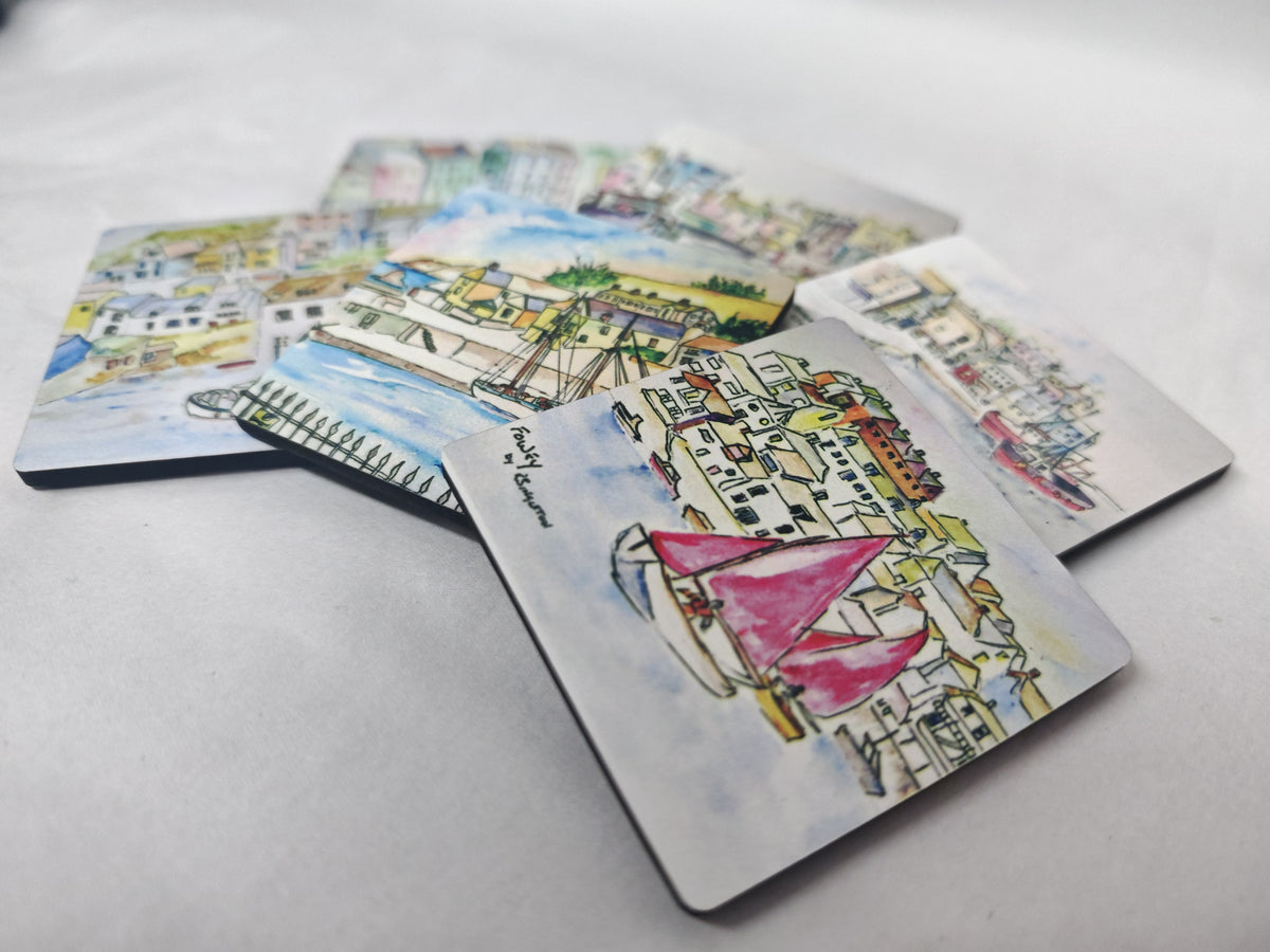 Square collectable magnets with rounded corners,made of wood and finished with high gloss which is printed with various cornwall townscapes and coastal scenes painted in watercolour by R Singleton, magnets exclusive to HLSdesigner hlsoceanart, fowey,Charlestown, mevagissey, Polperro, padstow, Newquay and more