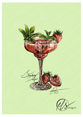 A hand-drawn illustration of a strawberry daiquiri in a margarita glass, with mint leaves and a strawberry garnish, on a pale green background with the artist's signature 'Strawberry Margarita' and 'HLS Designer'. Originally created using professional illustrative software, each brush stroke is blended to create a realistic yet stylised portrayal of a beautiful vibrant cocktail. Designed by artist Hannah Singleton in Cornwall.
