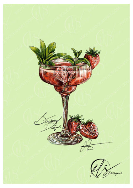 A hand-drawn illustration of a strawberry daiquiri in a margarita glass, with mint leaves and a strawberry garnish, on a pale green background with the artist's signature 'Strawberry Margarita' and 'HLS Designer'. Originally created using professional illustrative software, each brush stroke is blended to create a realistic yet stylised portrayal of a beautiful vibrant cocktail. Designed by artist Hannah Singleton in Cornwall.