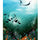 An underwater ocean scene artwork featuring a manta ray swimming near the surface, a school of small black fish, colorful coral reef plants in orange, purple, and green, and a bright sunlit blue-green water column above an underwater landscape. An illustration by Hannah Singleton at HLSdesigner , ocean inspired artist from cornwall inspired by underwater viewpoints and perspectives of the sea