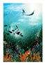 An underwater ocean scene artwork featuring a manta ray swimming near the surface, a school of small black fish, colorful coral reef plants in orange, purple, and green, and a bright sunlit blue-green water column above an underwater landscape. An illustration by Hannah Singleton at HLSdesigner , ocean inspired artist from cornwall inspired by underwater viewpoints and perspectives of the sea
