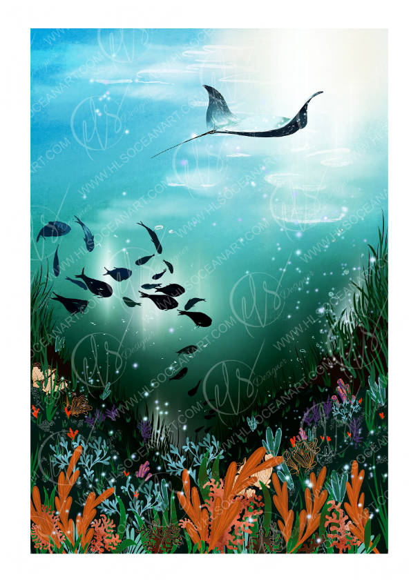 An underwater ocean scene artwork featuring a manta ray swimming near the surface, a school of small black fish, colorful coral reef plants in orange, purple, and green, and a bright sunlit blue-green water column above an underwater landscape. An illustration by Hannah Singleton at HLSdesigner , ocean inspired artist from cornwall inspired by underwater viewpoints and perspectives of the sea