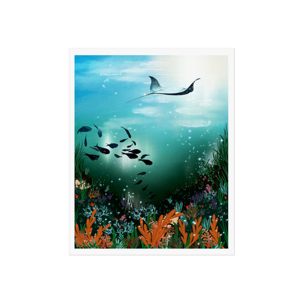 Underwater scene with fish and a manta ray, surrounded by plants and flowers. unframed art print, ray swimming above shoals of fish gathering in a underwater void with laying corals on a reef below the ocean surface. illustration designed by hlsdesigner digitally