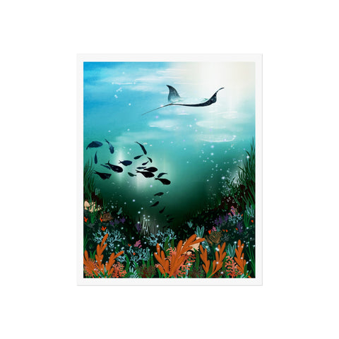 Underwater scene with fish and a manta ray, surrounded by plants and flowers. unframed art print, ray swimming above shoals of fish gathering in a underwater void with laying corals on a reef below the ocean surface. illustration designed by hlsdesigner digitally