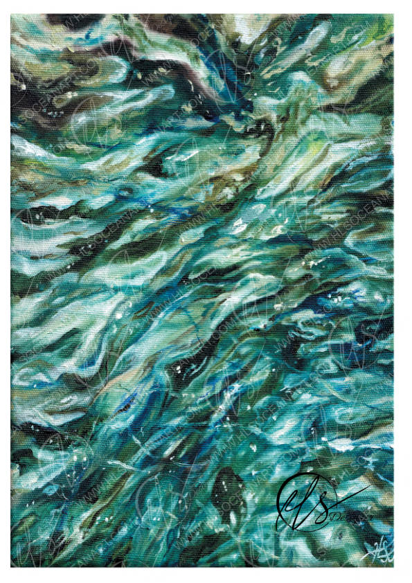 An abstract textured painting featuring swirling waves of teal, green, blue, white, and black, with a black signature in the lower right corner. Created by HLSdesigner, Hannah Singleton fine artist based in Cornwall inspired by underwater and close up ocean viewpoints of light reflecting off the seas surface. Abstract yet realistic, modern and contemporary art prints. 
