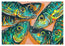 Vibrant pop-art style painting of six fish heads arranged in a circle, rendered in teal, green, yellow, orange, and black on a peach orange background. Originally painted in gouache by artist Hannah Singleton at HLSdesigner. Ocean inspired artist, seafood mackerel fine art print