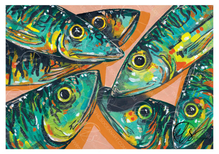 Vibrant pop-art style painting of six fish heads arranged in a circle, rendered in teal, green, yellow, orange, and black on a peach orange background. Originally painted in gouache by artist Hannah Singleton at HLSdesigner. Ocean inspired artist, seafood mackerel fine art print