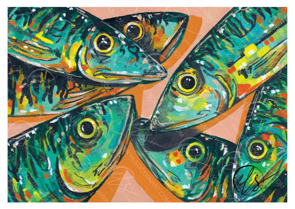 Vibrant pop-art style painting of six fish heads arranged in a circle, rendered in teal, green, yellow, orange, and black on a peach orange background. Originally painted in gouache by artist Hannah Singleton at HLSdesigner. Ocean inspired artist, seafood mackerel fine art print