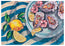 Illustration of oysters, shrimp, and lemons on a plate with a striped background - painted and designed by HLSdesigner in Cornwall of her hometown in Newquay and inspired by Spanish Mediterranean cuisine, pairing lovingly shucked oysters and king prawns on a plate as a delicate starter to an upcoming banquet. Painted in Gouache and created in house by Hannah at HLSdesigner 