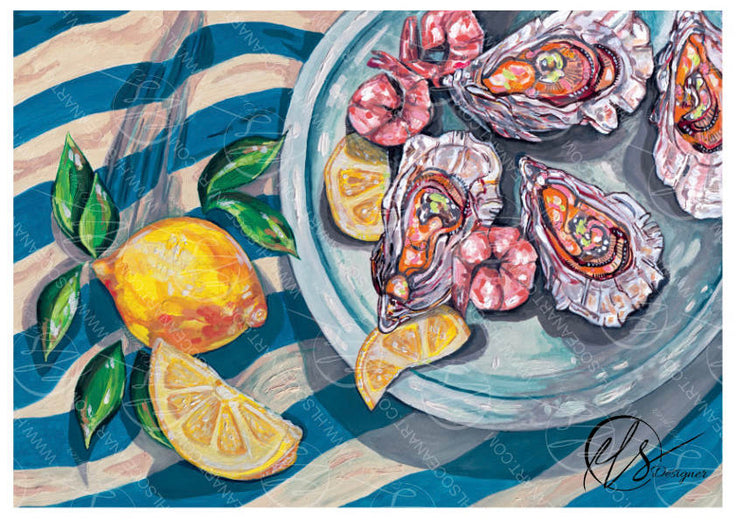 Illustration of oysters, shrimp, and lemons on a plate with a striped background - painted and designed by HLSdesigner in Cornwall of her hometown in Newquay and inspired by Spanish Mediterranean cuisine, pairing lovingly shucked oysters and king prawns on a plate as a delicate starter to an upcoming banquet. Painted in Gouache and created in house by Hannah at HLSdesigner 