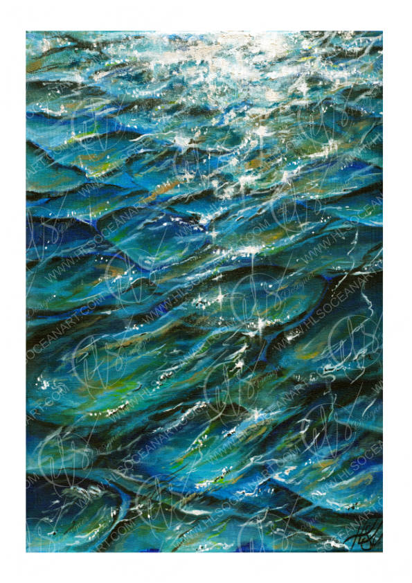An abstract painting of ocean waves with splashing sunlight, rendered in textured shades of blue, teal, green, and white, with a signature in the bottom right corner. This is Tranquil hues, a fine art print reproduced from an original acrylic painting by Hannah Singleton, n a contemporary and modern realism form focusing on the reflections hitting the surface of the ocean. A beautiful range of close up paintings at HLSdesigner. 