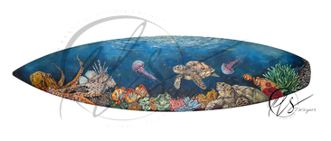 A long, narrow decorative surfboard featuring a painted underwater ocean scene with sea turtles, an octopus, clownfish, jellyfish, coral, and a blue gradient background portraying the depths of the ocean. The artwork fills the board, This is beneath the break - a reclaimed surfboard given a new life as a piece of original artwork by Hannah Singleton and available as a one time piece. A colourful and detailed under water reef scene only available at HLSdesigner. Copyright @HLSdesigner - all rights reserved.