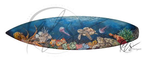 A long, narrow decorative surfboard featuring a painted underwater ocean scene with sea turtles, an octopus, clownfish, jellyfish, coral, and a blue gradient background portraying the depths of the ocean. The artwork fills the board, This is beneath the break - a reclaimed surfboard given a new life as a piece of original artwork by Hannah Singleton and available as a one time piece. A colourful and detailed under water reef scene only available at HLSdesigner. Copyright @HLSdesigner - all rights reserved.