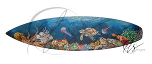 A long, narrow decorative surfboard featuring a painted underwater ocean scene with sea turtles, an octopus, clownfish, jellyfish, coral, and a blue gradient background portraying the depths of the ocean. The artwork fills the board, This is beneath the break - a reclaimed surfboard given a new life as a piece of original artwork by Hannah Singleton and available as a one time piece. A colourful and detailed under water reef scene only available at HLSdesigner. Copyright @HLSdesigner - all rights reserved.