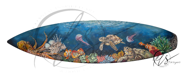 A long, narrow decorative surfboard featuring a painted underwater ocean scene with sea turtles, an octopus, clownfish, jellyfish, coral, and a blue gradient background portraying the depths of the ocean. The artwork fills the board, This is beneath the break - a reclaimed surfboard given a new life as a piece of original artwork by Hannah Singleton and available as a one time piece. A colourful and detailed under water reef scene only available at HLSdesigner. Copyright @HLSdesigner - all rights reserved.