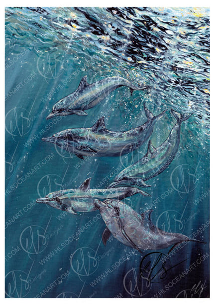 An underwater seascape artwork showing a school of dolphins swimming in deep blue ocean water with sunlight filtering through the surface. The image includes repeated watermark text and signatures by HLSdesigner. Inspired by the playful dolphins just out of Fowey harbour in Cornwall, a scene that can be so rare for many, but invigorating and captivating once lucky enough to witness. Fine art print by Hannah Singleton