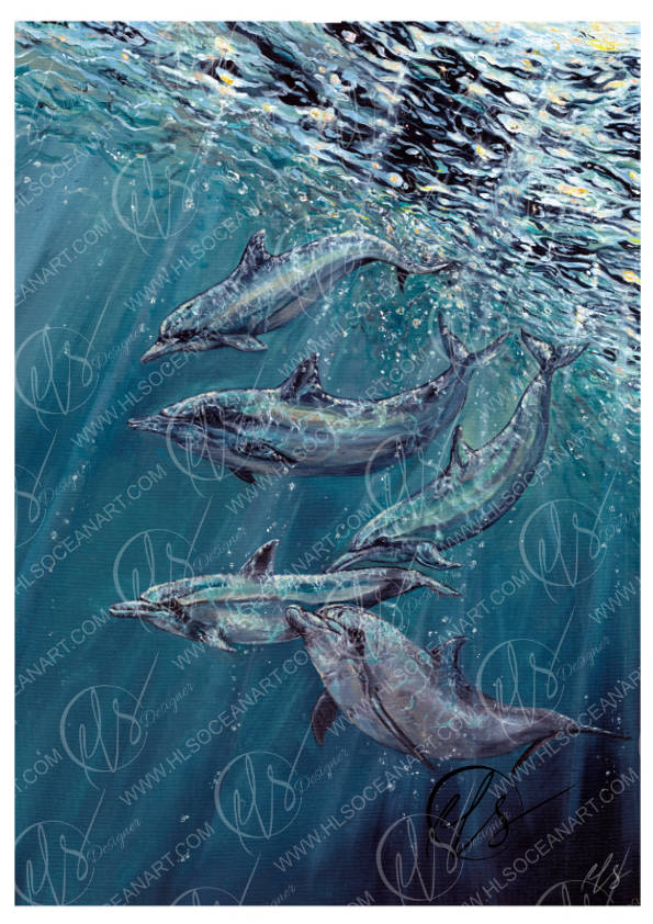 An underwater seascape artwork showing a school of dolphins swimming in deep blue ocean water with sunlight filtering through the surface. The image includes repeated watermark text and signatures by HLSdesigner. Inspired by the playful dolphins just out of Fowey harbour in Cornwall, a scene that can be so rare for many, but invigorating and captivating once lucky enough to witness. Fine art print by Hannah Singleton