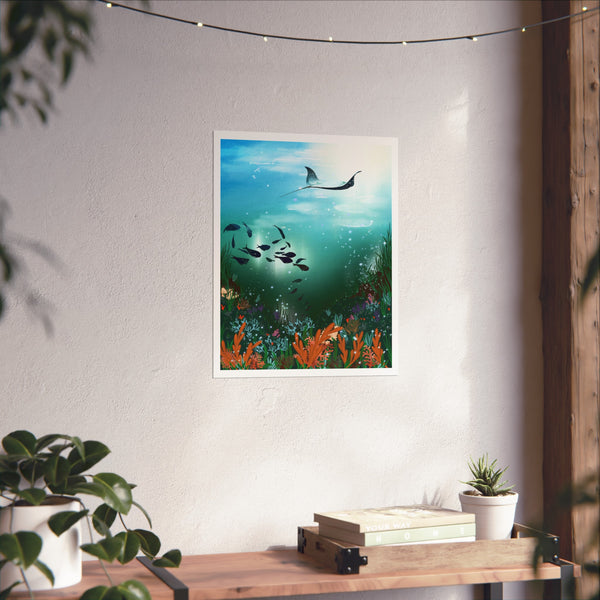 Underwater scene with fish and coral on a wall above a wooden shelf with books and plants. Underwater scene with fish and a manta ray, surrounded by plants and flowers. unframed art print, ray swimming above shoals of fish gathering in a underwater void with laying corals on a reef below the ocean surface. illustration designed by hlsdesigner digitally