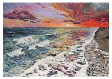 An impressionistic painting of an ocean shoreline at sunset, with blue-green waves, white surf, a dark sandy beach on the right, and a dramatic sky in orange, pink, purple, and yellow tones. The artwork is shown with repeated watermark text across the image. Painted originally by Hannah Singleton at HLSdesigner ocean artist based in Cornwall. 