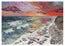 An impressionistic painting of an ocean shoreline at sunset, with blue-green waves, white surf, a dark sandy beach on the right, and a dramatic sky in orange, pink, purple, and yellow tones. The artwork is shown with repeated watermark text across the image. Painted originally by Hannah Singleton at HLSdesigner ocean artist based in Cornwall. 